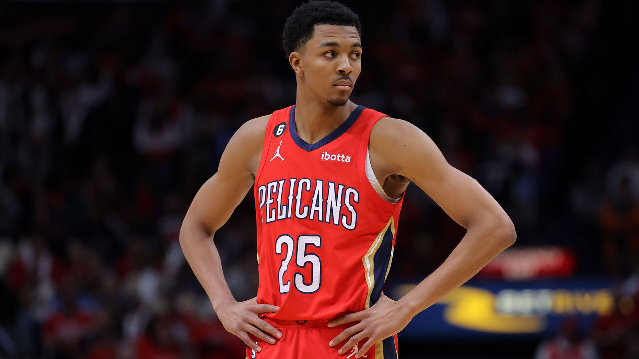 NEW ORLEANS, LOUISIANA - APRIL 12: Trey Murphy III #25 of the New Orleans Pelicans reacts against the Oklahoma City Thunder during a game at the Smoothie King Center on April 12, 2023 in New Orleans, Louisiana.