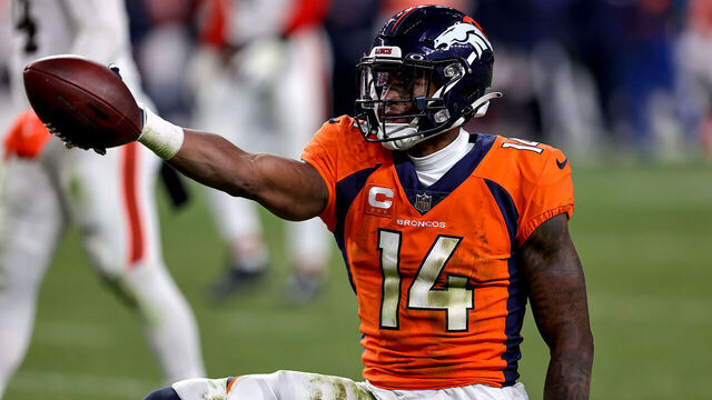 DENVER, CO - NOVEMBER 26: Denver Broncos wide receiver Courtland Sutton signals a first down during an NFL game between the Cleveland Browns and the Denver Broncos on November 26, 2023 at Empower Field at Mile High in Denver, CO.