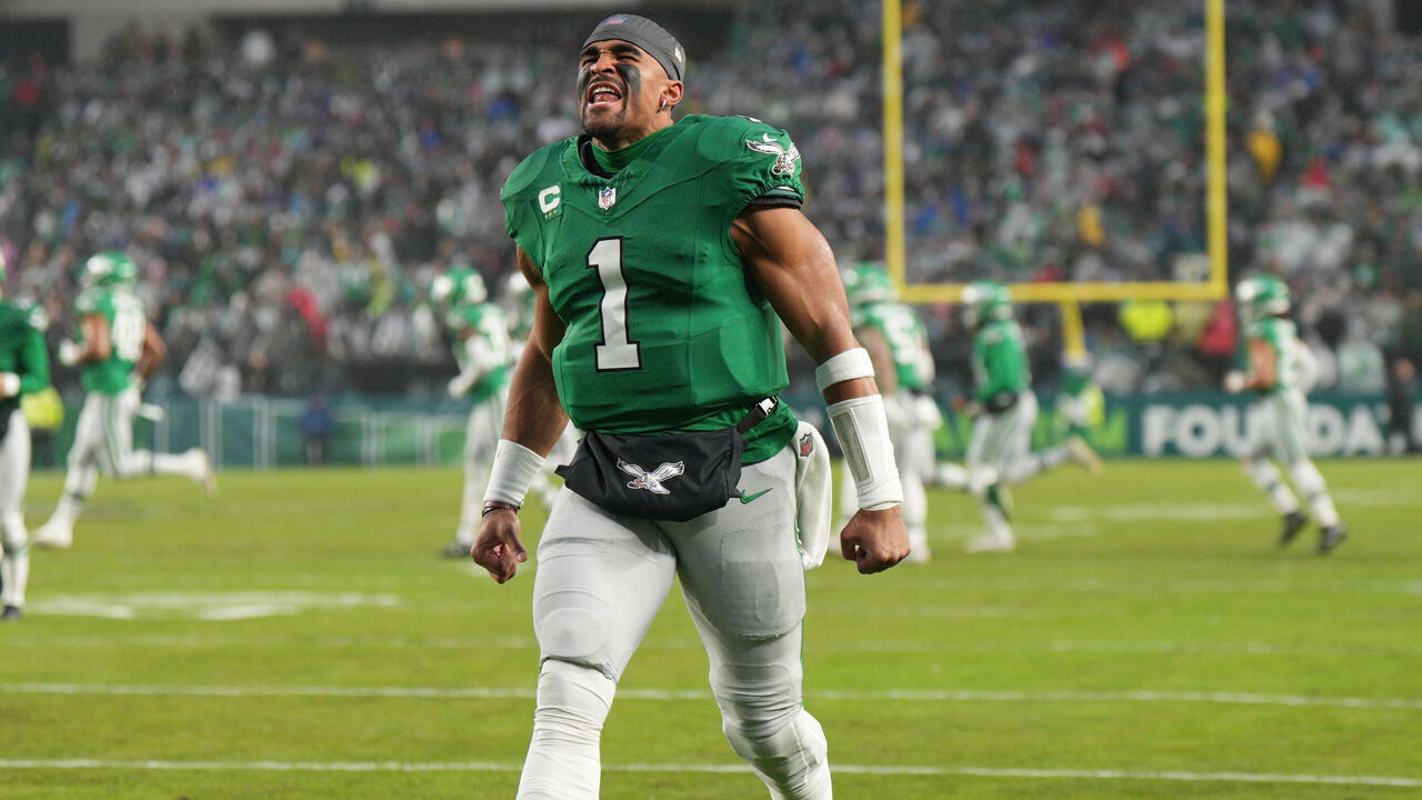 PHILADELPHIA, PA - NOVEMBER 26: Philadelphia Eagles quarterback Jalen Hurts (1) reacts to fans during the game between the Buffalo Bills and the Philadelphia Eagles on November 26, 2023 at Lincoln Financial Field.