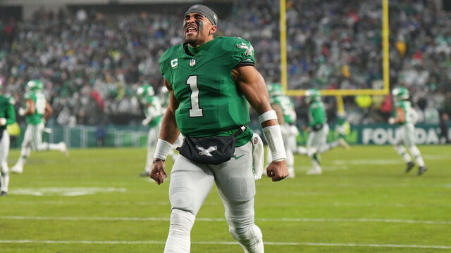 PHILADELPHIA, PA - NOVEMBER 26: Philadelphia Eagles quarterback Jalen Hurts (1) reacts to fans during the game between the Buffalo Bills and the Philadelphia Eagles on November 26, 2023 at Lincoln Financial Field.