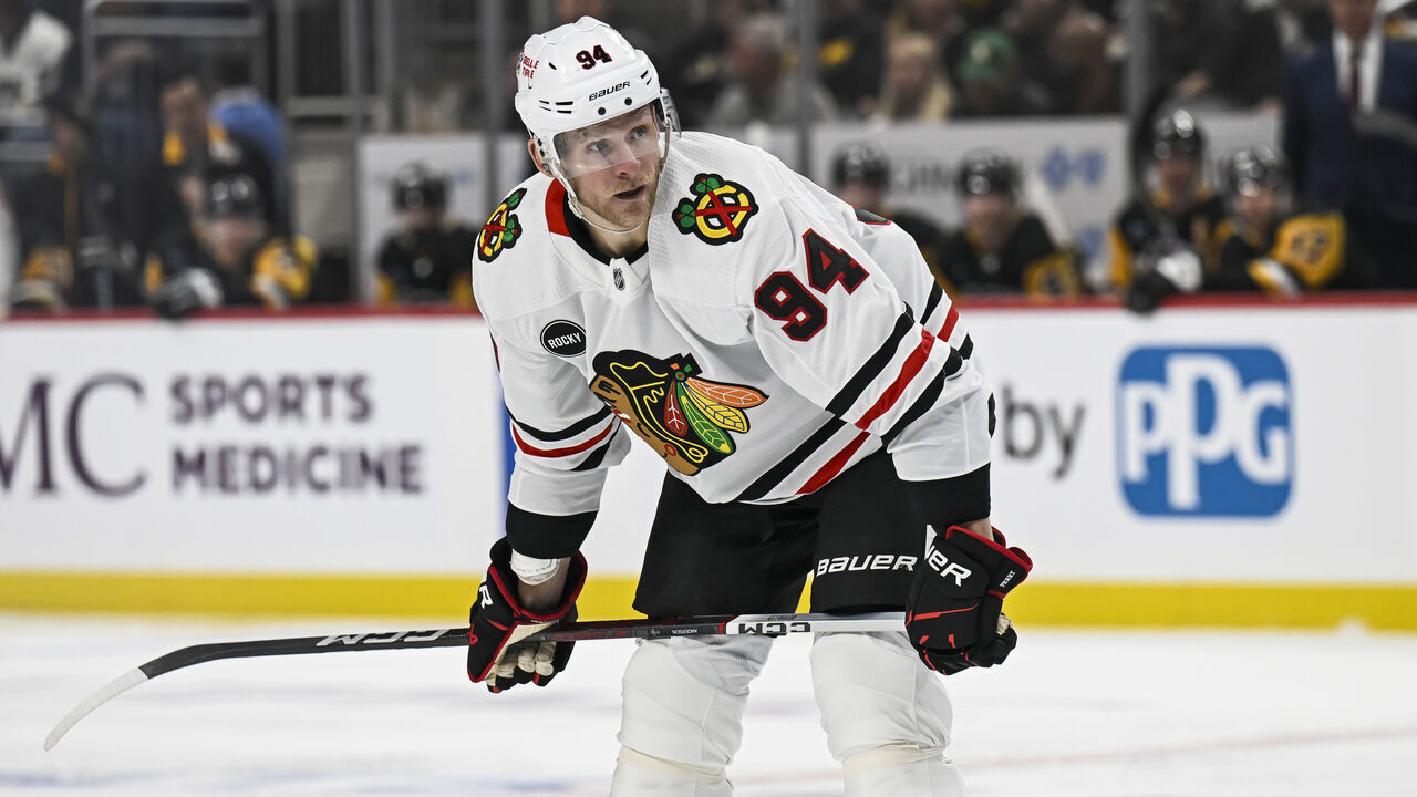 PITTSBURGH, PA - OCTOBER 10: Chicago Blackhawks right wing Corey Perry (94) waits for play to begin during the first period in the NHL game between the Pittsburgh Penguins and the Chicago Blackhawks on October 10, 2023, at PPG Paints Arena in Pittsburgh, PA.