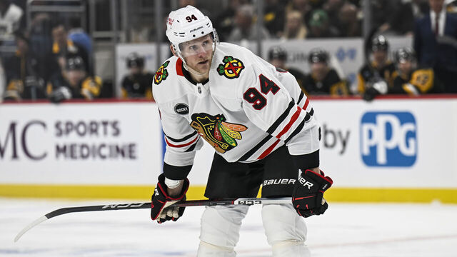 PITTSBURGH, PA - OCTOBER 10: Chicago Blackhawks right wing Corey Perry (94) waits for play to begin during the first period in the NHL game between the Pittsburgh Penguins and the Chicago Blackhawks on October 10, 2023, at PPG Paints Arena in Pittsburgh, PA.