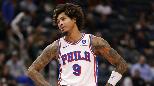 DETROIT, MICHIGAN - NOVEMBER 10: Kelly Oubre Jr. #9 of the Philadelphia 76ers looks on in the fourth quarter of a game against the Detroit Pistons at Little Caesars Arena on November 10, 2023 in Detroit, Michigan.