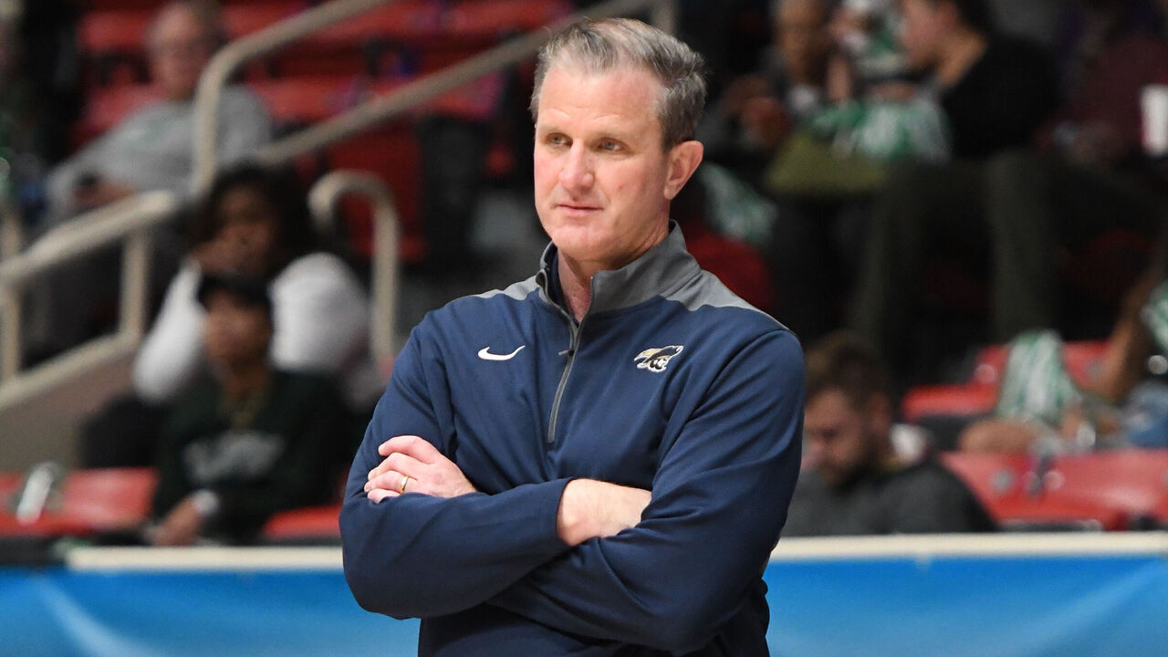 CHARLOTTE, NORTH CAROLINA - MARCH 04: Head coach Barclay Radebaugh of the Charleston Southern Buccaneers looks on during the quarterfinal of the Hercules Tires Big South Conference basketball tournament against the USC Upstate Spartans at the Bojangles Coliseum on March 4, 2022 in Charlotte, North Carolina.