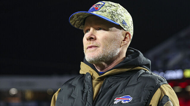 ORCHARD PARK, NY - NOVEMBER 13: Sean McDermott head coach of the Buffalo Bills looks on from the sideline prior to an NFL football game against the Denver Broncos at Highmark Stadium on November 13, 2023 in Orchard Park, New York.