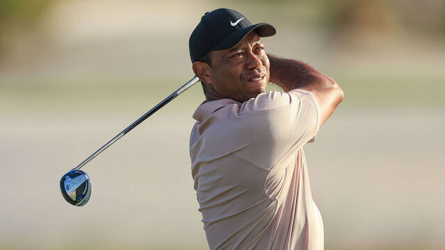NASSAU, BAHAMAS - NOVEMBER 30: Tiger Woods of The United States plays his tee shot on the 18th hole during the first round of the Hero World Challenge at Albany Golf Course on November 30, 2023 in Nassau, .