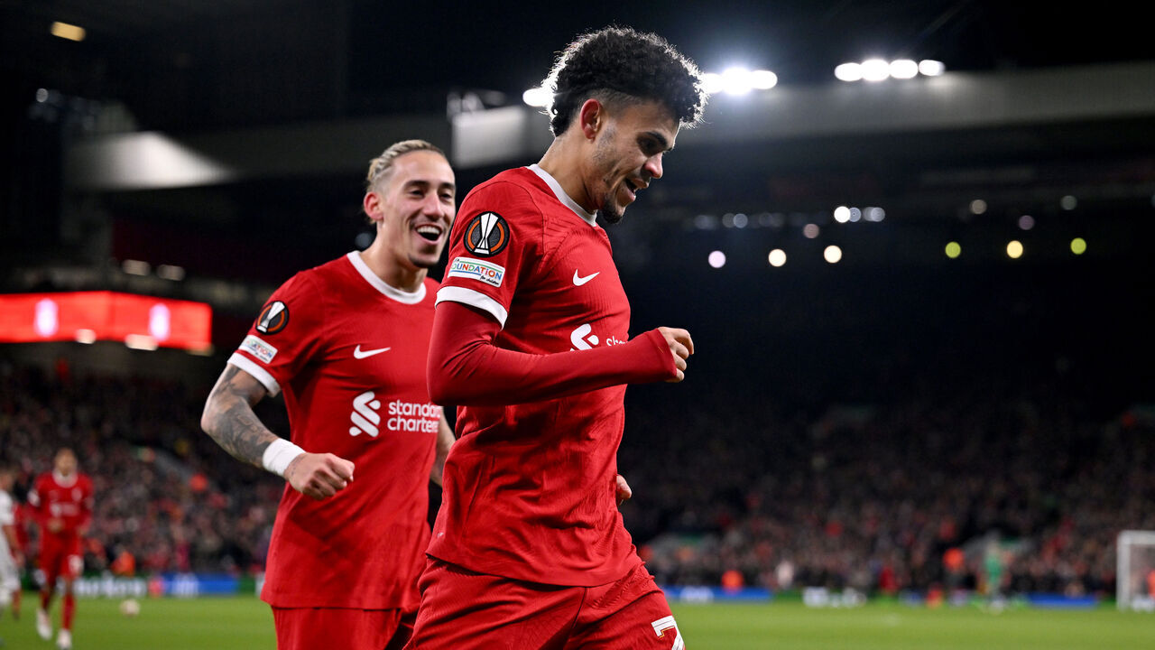 LIVERPOOL, ENGLAND - NOVEMBER 30: (THE SUN OUT, THE SUN ON SUNDAY OUT) Luis Diaz of Liverpool celebrates after scoring the opening goal during the Group E UEFA Europa League match between Liverpool FC and LASK at Anfield on November 30, 2023 in Liverpool, England.