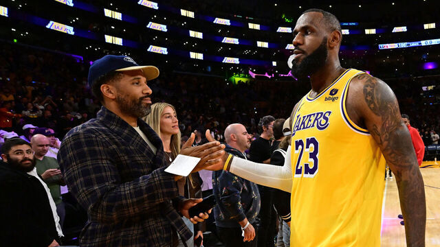 LOS ANGELES, CA - OCTOBER 30: Maverick Carter high fives LeBron James #23 of the Los Angeles Lakers after the game against the Orlando Magic on October 30, 2023 at Crypto.Com Arena in Los Angeles, California. NOTE TO USER: User expressly acknowledges and agrees that, by downloading and/or using this Photograph, user is consenting to the terms and conditions of the Getty Images License Agreement. Mandatory Copyright Notice: Copyright 2023 NBAE