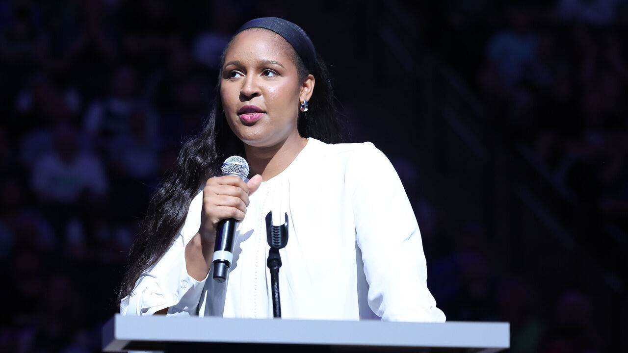 MINNEAPOLIS, MN - JUNE 11: Maya Moore speaks during Sylvia Fowles jersey retirement ceremony on June 11, 2023 at Target Center in Minneapolis, Minnesota. Mandatory Copyright Notice: Copyright 2023 NBAE