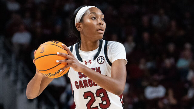 COLUMBIA, SOUTH CAROLINA - NOVEMBER 12: Bree Hall #23 of the South Carolina Gamecocks brings the ball up court against the Maryland Terrapins during their game at Colonial Life Arena on November 12, 2023 in Columbia, South Carolina.