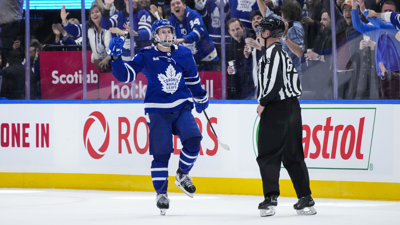 TORONTO, ON - NOVEMBER 30: Mitchell Marner #16 of the Toronto Maple Leafs celebrates after scoring the game winning goal against the Seattle Kraken in a shootout at the Scotiabank Arena on November 30, 2023 in Toronto, Ontario, Canada.