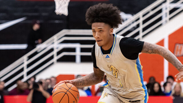 SPRINGFIELD, MA - JANUARY 14: Mikey Williams of San Ysidro (1) drives to the basket during the Hoophall Classic high school basketball game between Christopher Columbus and San Ysidro on January 14, 2023 at Blake Arena in Springfield, MA