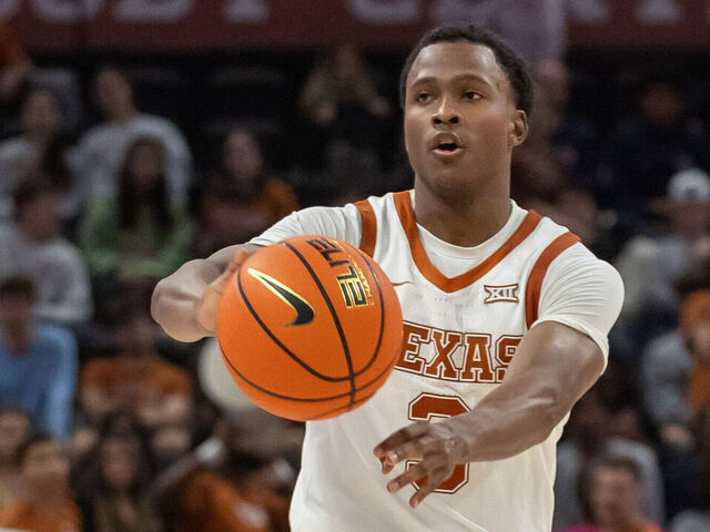 AUSTIN, TX - NOVEMBER 30: Texas Longhorns guard Max Abmas (3) makes a pass to a teammate during the college basketball game between Texas Longhorns and Texas State Bobcats on November 30, 2023, at Moody Center in Austin, TX.
