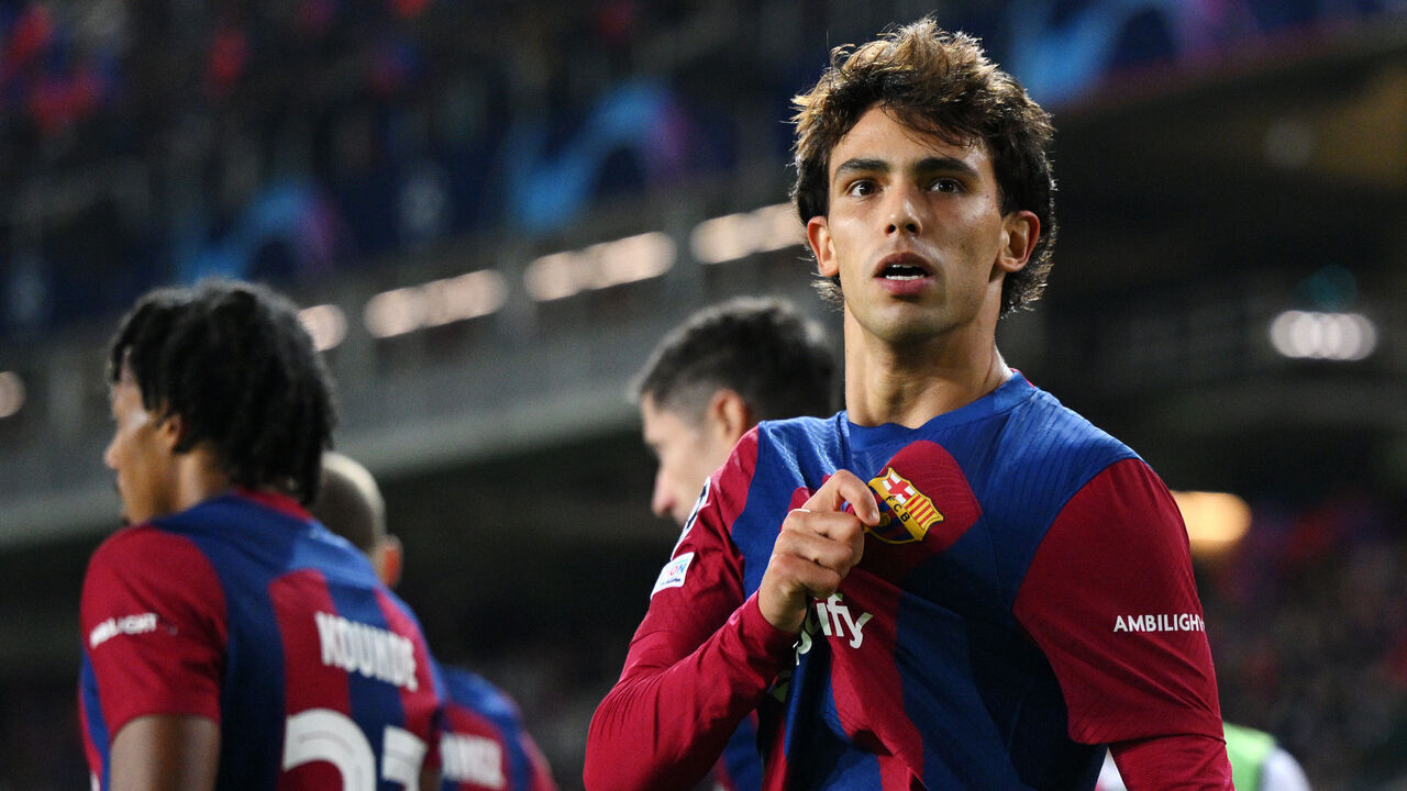 BARCELONA, SPAIN - NOVEMBER 28: Joao Felix of FC Barcelona celebrates after scoring the team's second goal during the UEFA Champions League match between FC Barcelona and FC Porto at Estadi Olimpic Lluis Companys on November 28, 2023 in Barcelona, Spain.