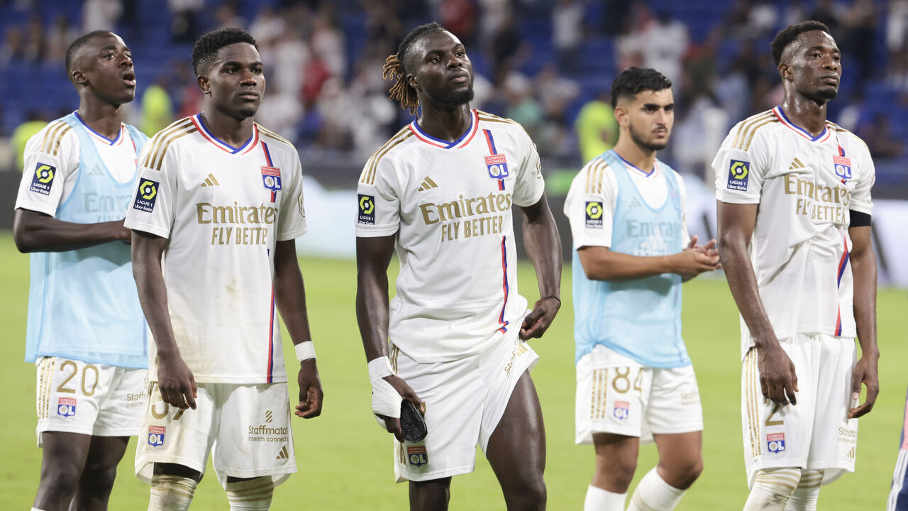 LYON, FRANCE - SEPTEMBER 3: Players of Lyon look dejected following the Ligue 1 Uber Eats match between Olympique Lyonnais (OL) and Paris Saint-Germain (PSG) at Groupama Stadium on September 3, 2023 in Lyon, France.