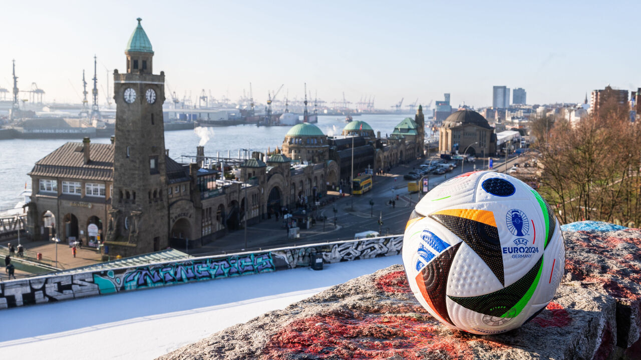 HAMBURG, GERMANY - DECEMBER 01: A general view of the Landungsbruecken with the UEFA EURO 2024 Official Match Ball prior to the UEFA EURO 2024 Final Tournament Draw at Elbphilharmonie on December 01, 2023 in Hamburg, Germany.