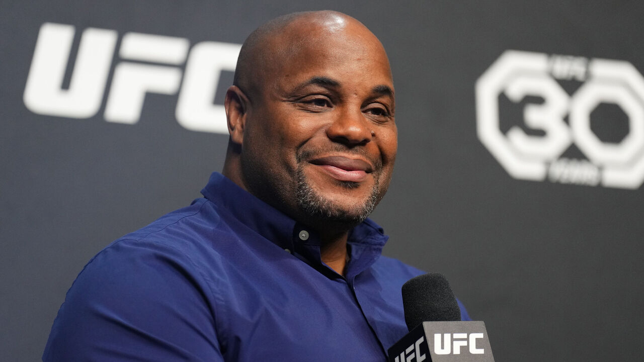 LAS VEGAS, NEVADA - MARCH 03: Former UFC two-division champion Daniel Cormier is seen on stage during the UFC 30th Anniversary Q&A session at MGM Grand Garden Arena on March 03, 2023 in Las Vegas, Nevada.