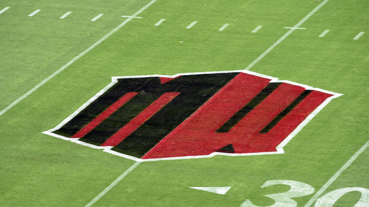 SAN DIEGO, CA - SEPTEMBER 03: A general view of the Mountain West logo painted on the field during a college football game between the Arizona Wildcats and the San Diego State Aztecs on September 03, 2022, at SnapDragon Stadium in San Diego, CA.