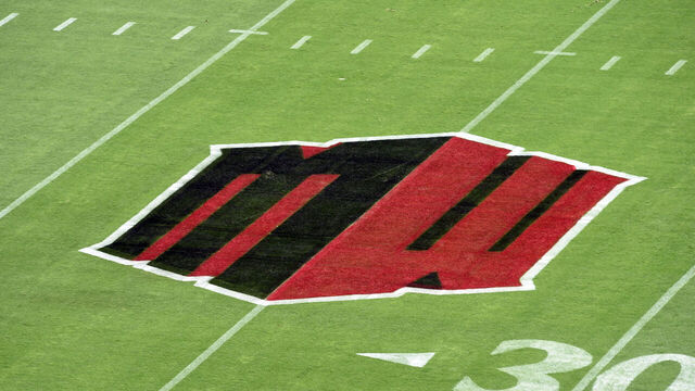 SAN DIEGO, CA - SEPTEMBER 03: A general view of the Mountain West logo painted on the field during a college football game between the Arizona Wildcats and the San Diego State Aztecs on September 03, 2022, at SnapDragon Stadium in San Diego, CA.