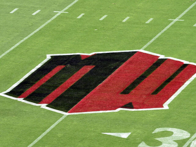 SAN DIEGO, CA - SEPTEMBER 03: A general view of the Mountain West logo painted on the field during a college football game between the Arizona Wildcats and the San Diego State Aztecs on September 03, 2022, at SnapDragon Stadium in San Diego, CA.
