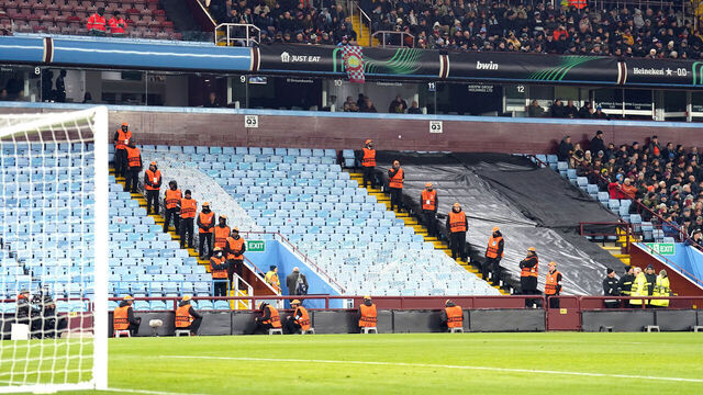 General view of the empty away stand after Legia Warsaw fans were refused entry by the police during the UEFA Europa Conference League Group E match at Villa Park, Birmingham. Picture date: Thursday November 30, 2023.