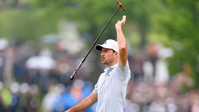 TORONTO, ON - JUNE 11: Nick Taylor of Canada throws is putter in the air after sinking a 72-foot eagle putt to win the 2023 RBC Canadian Open at Oakdale Golf & Country Club on June 11, 2023 in Toronto, Ontario.