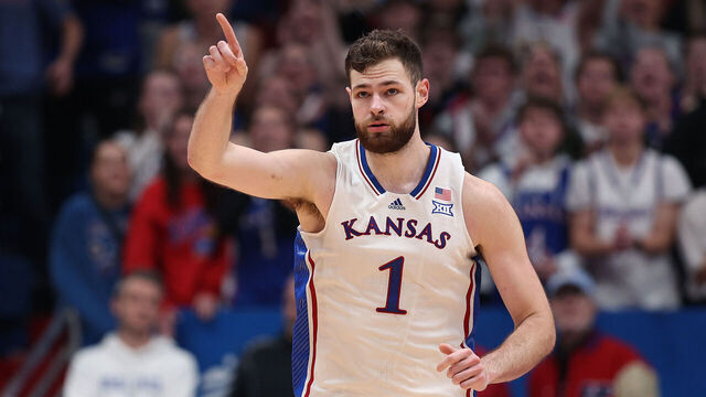 LAWRENCE, KANSAS - NOVEMBER 28: Hunter Dickinson #1 of the Kansas Jayhawks reacts after scoring during the 2nd half of the game against the Eastern Illinois Panthers at Allen Fieldhouse on November 28, 2023 in Lawrence, Kansas.
