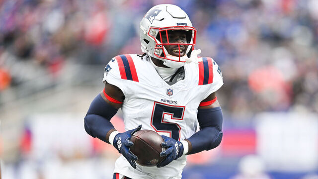 EAST RUTHERFORD, NJ - NOVEMBER 26: Jabrill Peppers #5 of the New England Patriots reacts after recovering a fumble during the first half against the New York Giants at MetLife Stadium on November 26, 2023 in East Rutherford, New Jersey.