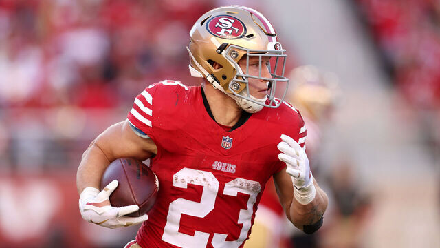 SANTA CLARA, CALIFORNIA - NOVEMBER 19: Christian McCaffrey #23 of the San Francisco 49ers runs with the ball during the third quarter of a game against the Tampa Bay Buccaneers at Levi's Stadium on November 19, 2023 in Santa Clara, California.