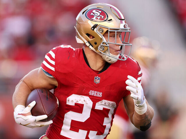 SANTA CLARA, CALIFORNIA - NOVEMBER 19: Christian McCaffrey #23 of the San Francisco 49ers runs with the ball during the third quarter of a game against the Tampa Bay Buccaneers at Levi's Stadium on November 19, 2023 in Santa Clara, California.