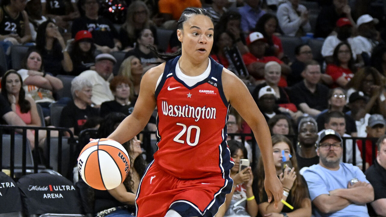 LAS VEGAS, NV - AUGUST 31: Kristi Toliver #20 of the Washington Mystics dribbles the ball during the game against the Las Vegas Aces on August 31, 2023 at Michelob ULTRA Arena in Las Vegas, Nevada. Mandatory Copyright Notice: Copyright 2023 NBAE