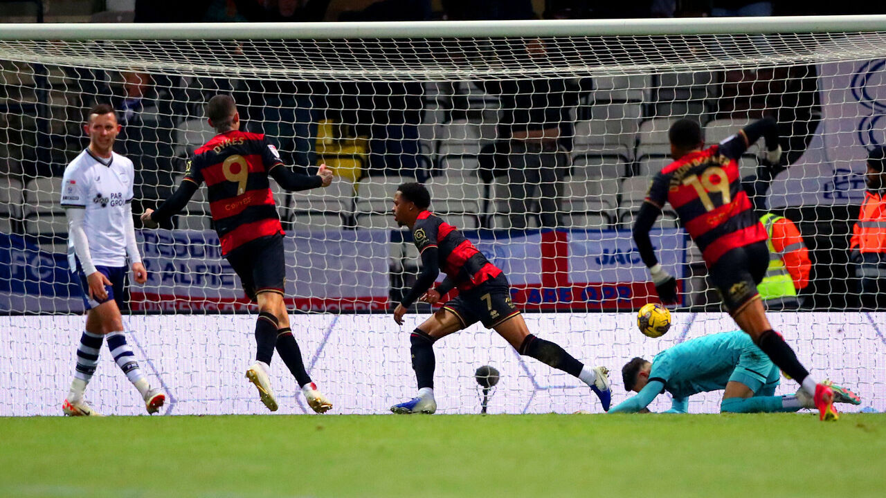 Queens Park Rangers' Chris Willock (centre) celebrates after scoring their side's second goal of the game during the Sky Bet Championship match at Deepdale Stadium, Preston. Picture date: Friday December 1, 2023.