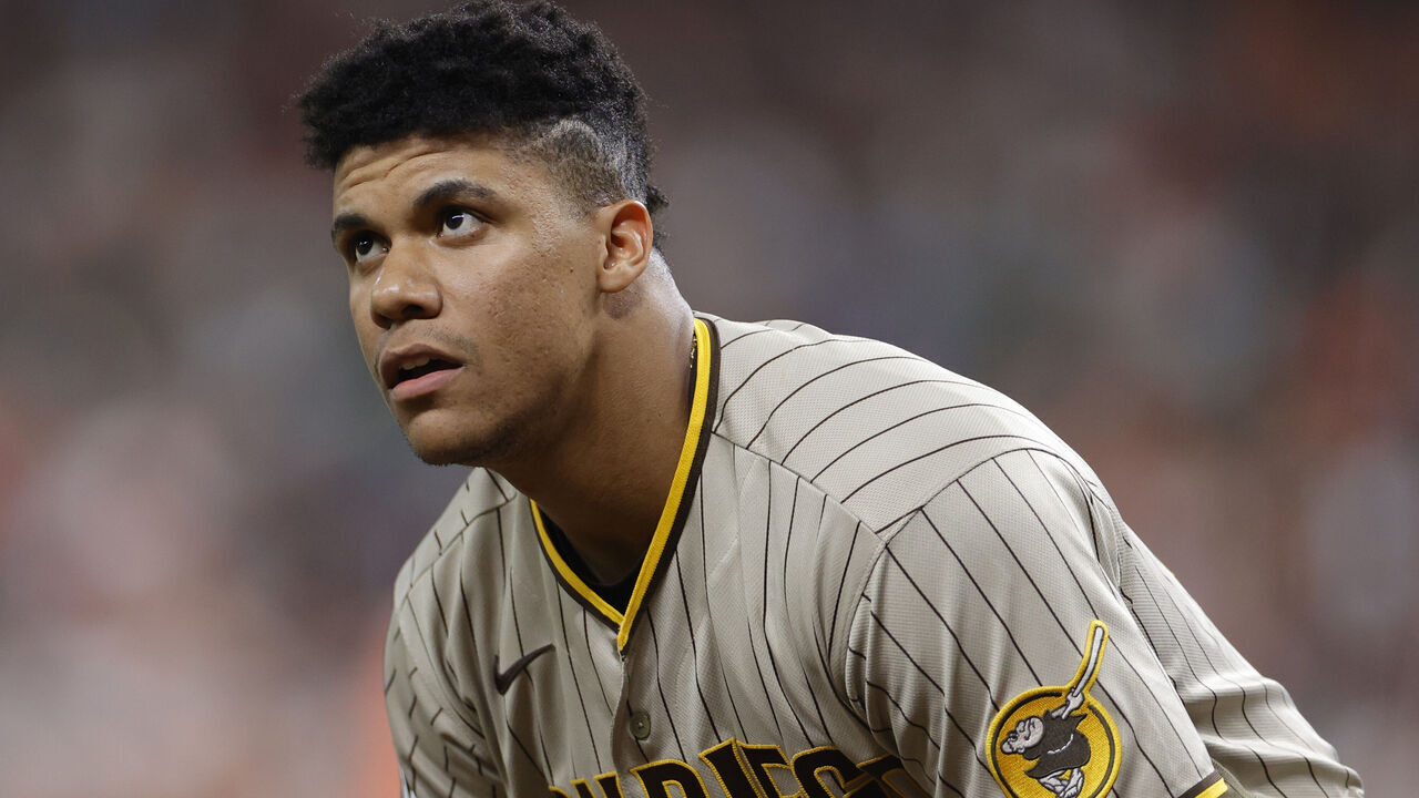 HOUSTON, TEXAS - SEPTEMBER 08: Juan Soto #22 of the San Diego Padres looks on against the Houston Astros at Minute Maid Park on September 08, 2023 in Houston, Texas.