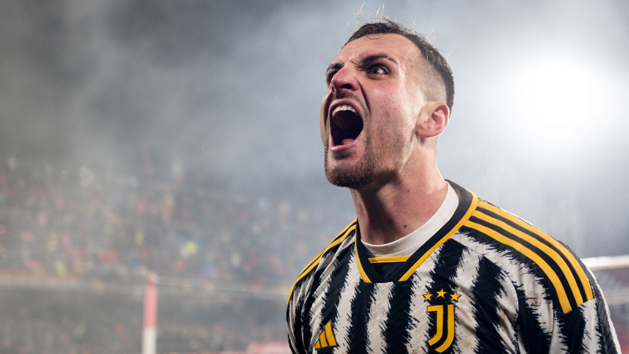 MONZA, ITALY - DECEMBER 1: Federico Gatti of Juventus celebrates 2-1 goal during the Serie A TIM match between AC Monza and Juventus at U-Power Stadium on December 1, 2023 in Monza, Italy.