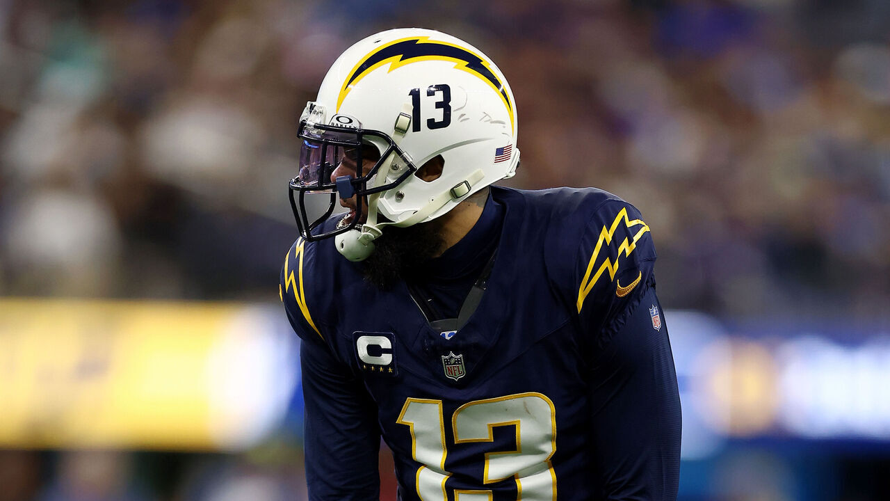 INGLEWOOD, CALIFORNIA - NOVEMBER 26: Keenan Allen #13 of the Los Angeles Chargers waits for a play during the first quarter against the Baltimore Ravens at SoFi Stadium on November 26, 2023 in Inglewood, California.
