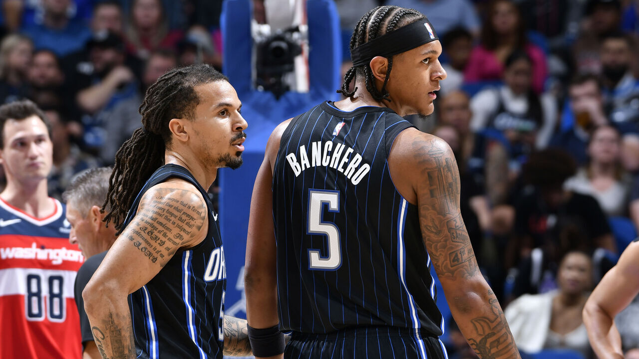 ORLANDO, FL - DECEMBER 1: Cole Anthony #50 and Paolo Banchero #5 of the Orlando Magic looks on during the game against the Washington Wizards on December 1, 2023 at the Amway Center in Orlando, Florida. Mandatory Copyright Notice: Copyright 2023 NBAE
