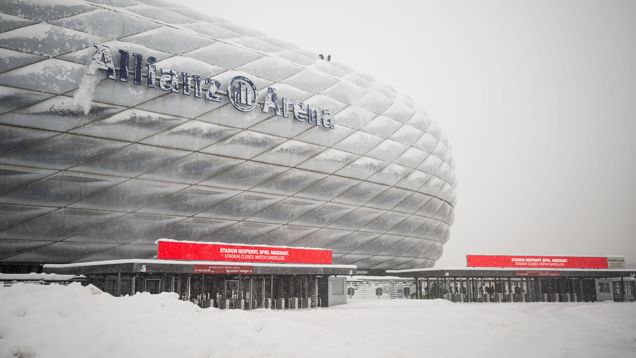MUNICH, GERMANY - DECEMBER 02: Exterior view of the Allianz Arena before the match between FC Bayern Munich and FC Union Berlin which was cancelled due to the weather conditions on 02.12.2023 in Leverkusen, Germany.