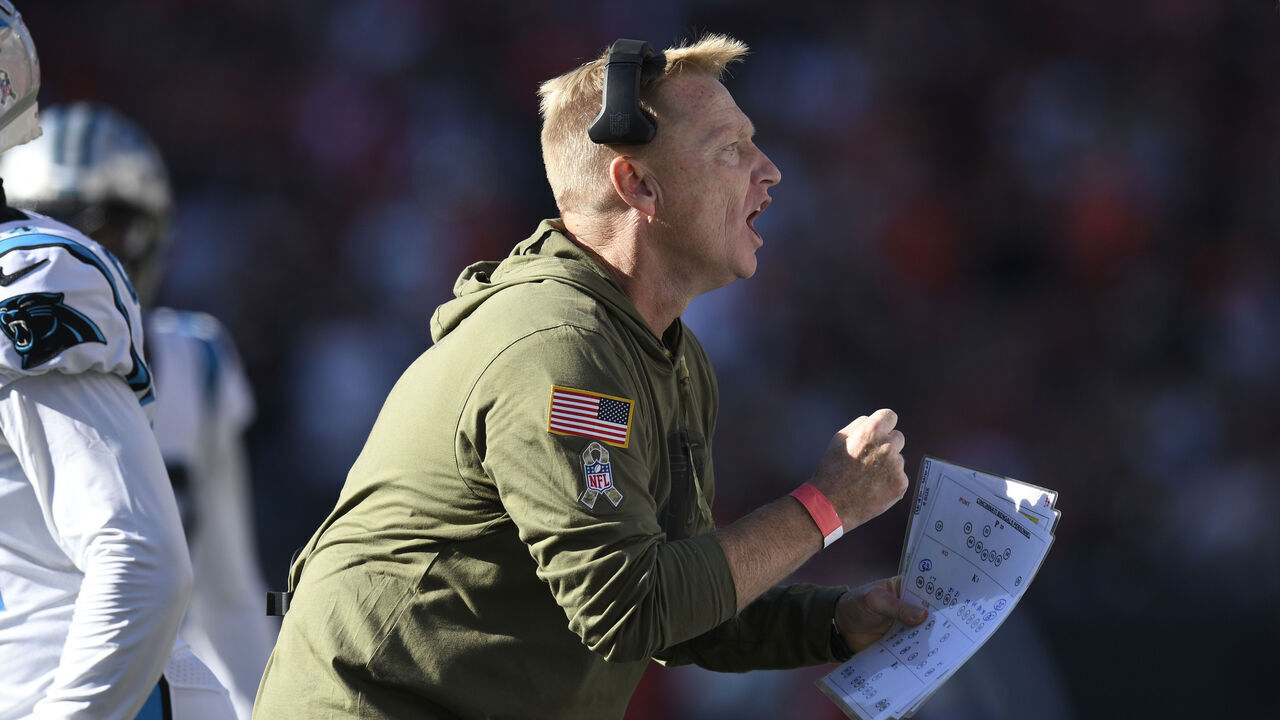 CINCINNATI, OH - NOVEMBER 06: Carolina Panthers Special Teams Coordinator Chris Tabor cheers during the NFL game between the Carolina Panthers and the Cincinnati Bengals on November 6, 2022, at Paycor Stadium, in Cincinnati, Ohio.