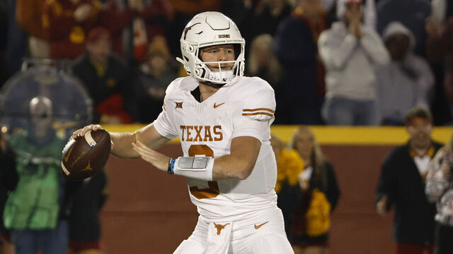 AMES, IA - NOVEMBER 18: Quarterback Quinn Ewers #3 of the Texas Longhorns throws the ball in the first half of play at Jack Trice Stadium on November 18, 2023 in Ames, Iowa. The Texas Longhorns won 26-16 over the Iowa State Cyclones.