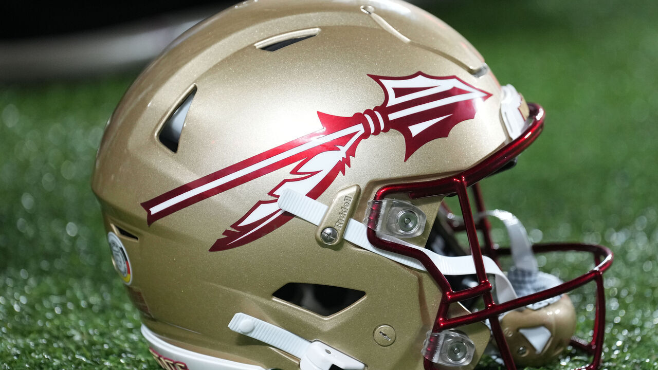 ORLANDO, FL - SEPTEMBER 03: An Florida State Seminoles helmet rests near the sidelines during the Camping World Kickoff game between the LSU Tigers and the Florida State Seminoles, on Sunday, September 3, 2023 at Camping World Stadium in Orlando, Fla.