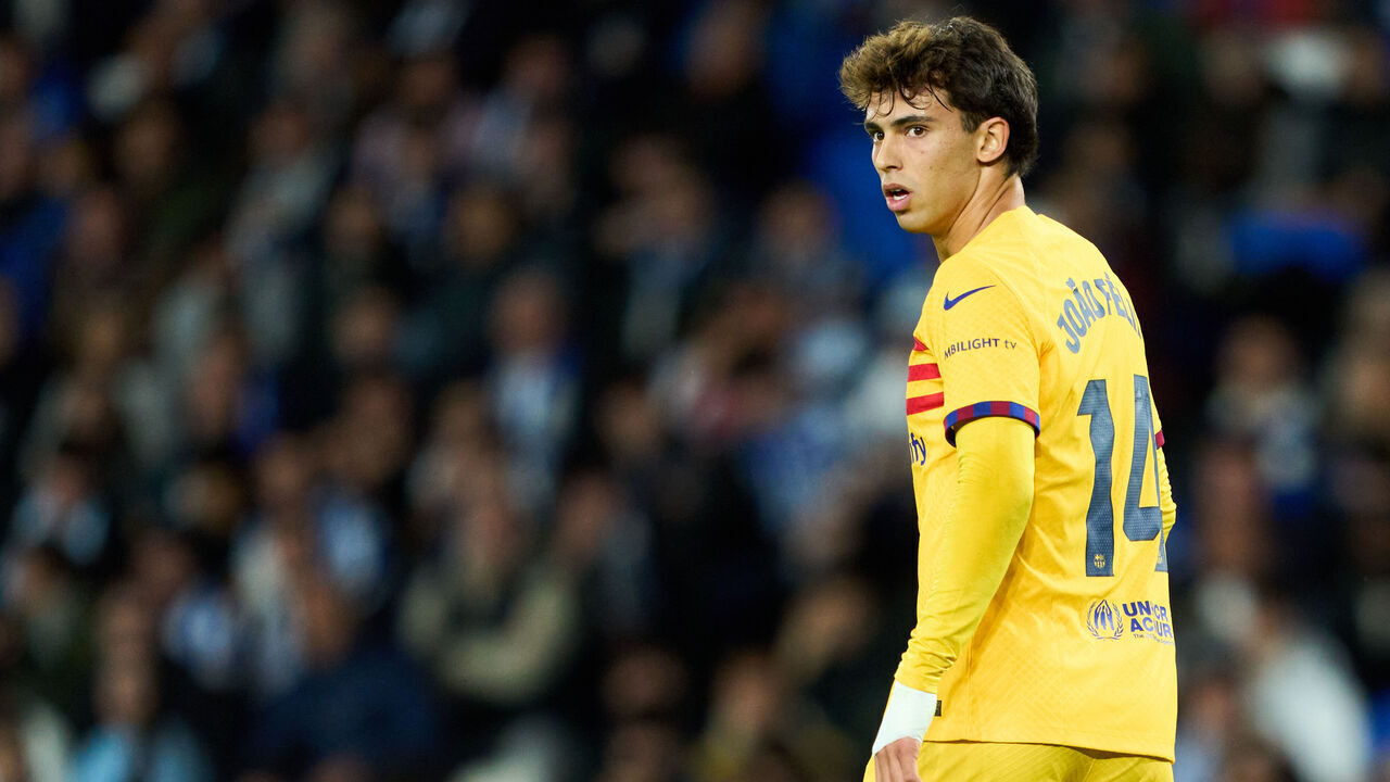 SAN SEBASTIAN, SPAIN - NOVEMBER 04: Joao Felix of FC Barcelona looks on during the LaLiga EA Sports match between Real Sociedad and FC Barcelona at Reale Arena on November 04, 2023 in San Sebastian, Spain.