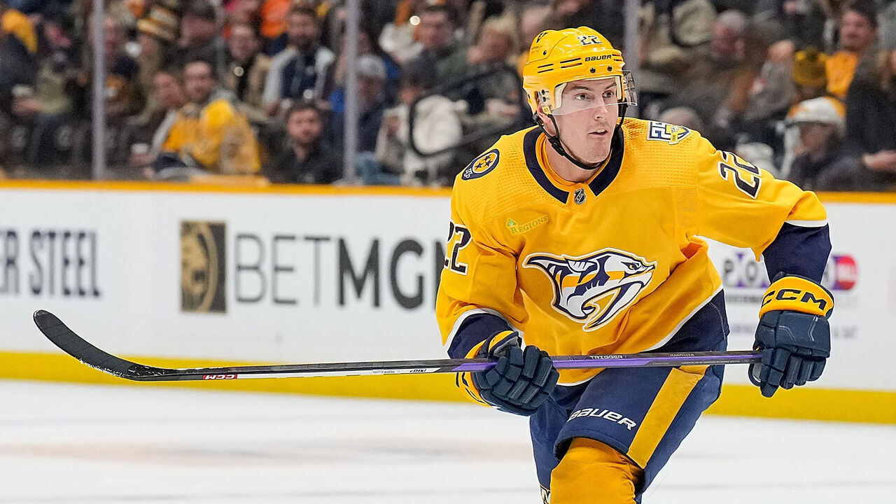 NASHVILLE, TENNESSEE - NOVEMBER 14: Tyson Barrie #22 of the Nashville Predators skates against the Anaheim Ducks during an NHL game at Bridgestone Arena on November 14, 2023 in Nashville, Tennessee.
