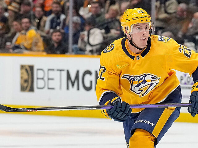 NASHVILLE, TENNESSEE - NOVEMBER 14: Tyson Barrie #22 of the Nashville Predators skates against the Anaheim Ducks during an NHL game at Bridgestone Arena on November 14, 2023 in Nashville, Tennessee.