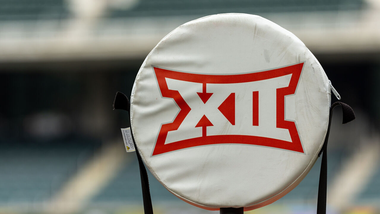 WACO, TX - SEPTEMBER 16: the Big 12 conference logo is displayed on the yardage stick before the college football game between Baylor Bears and LIU Sharks on September 16, 2023, at McLane Stadium in Waco, TX.
