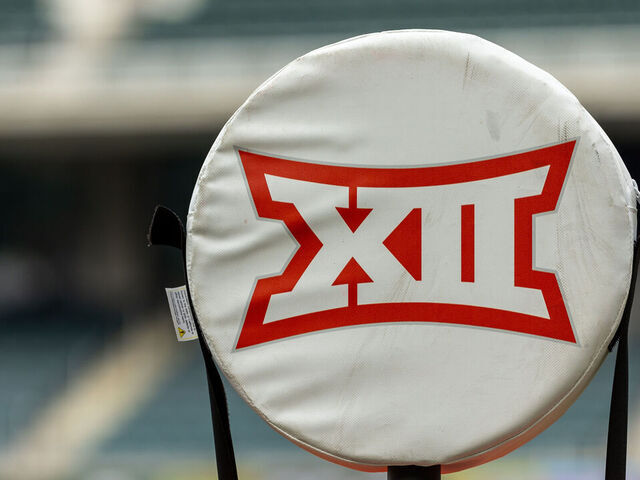 WACO, TX - SEPTEMBER 16: the Big 12 conference logo is displayed on the yardage stick before the college football game between Baylor Bears and LIU Sharks on September 16, 2023, at McLane Stadium in Waco, TX.