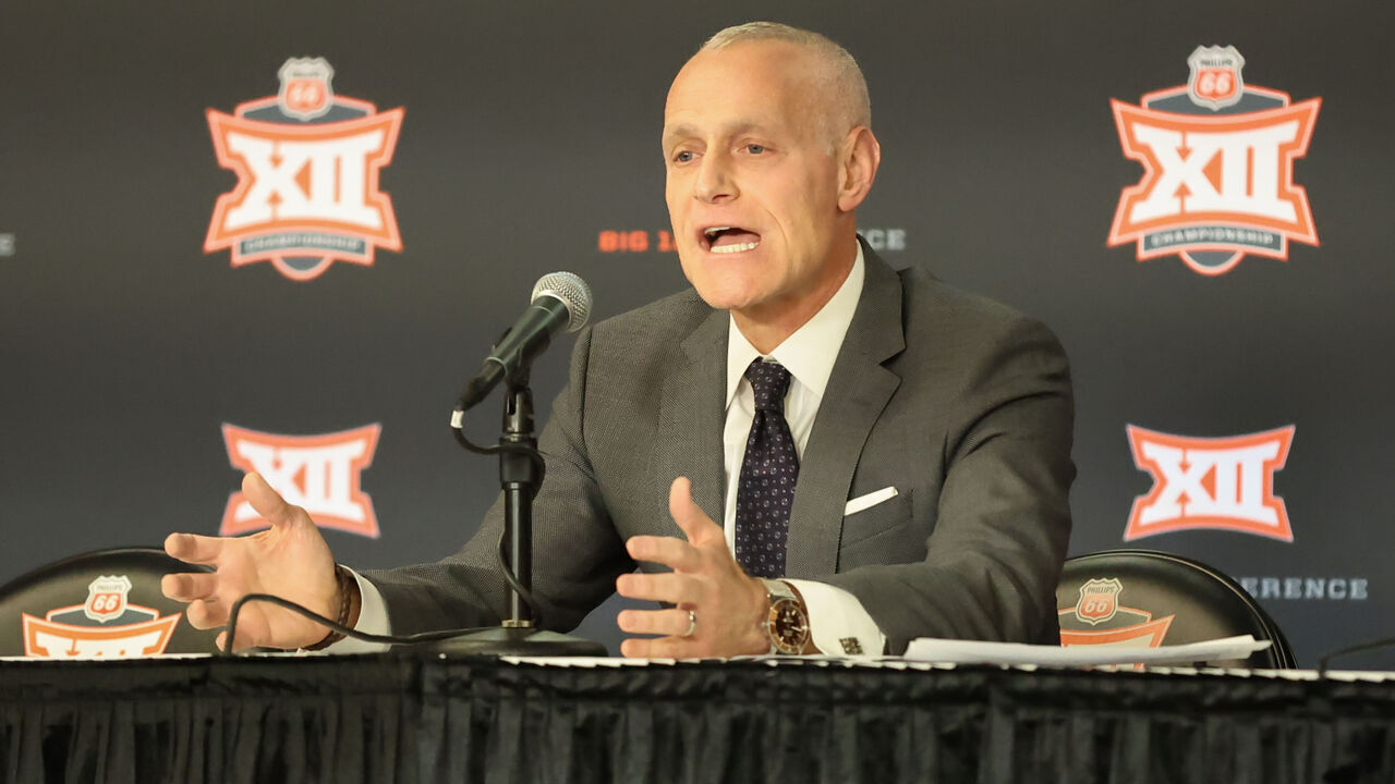 KANSAS CITY, MO - MARCH 08: Big 12 Commissioner Brett Yormark talks before the opening game of the Big 12 Tournament basketball game on March 8, 2023 at T-Mobile Center in Kansas City, MO.