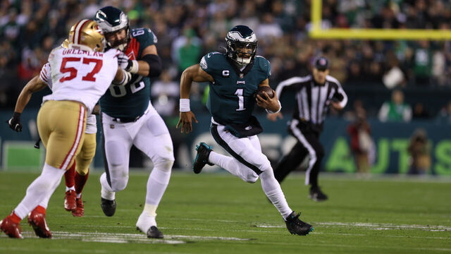 Football: NFC Championship: Philadelphia Eagles Jalen Hurts (1) in action, runs the football vs San Francisco 49ers at Lincoln Financial Stadium. Philadelphia, PA 1/29/2023 CREDIT: Simon Bruty (Set Number: X164295 TK1)