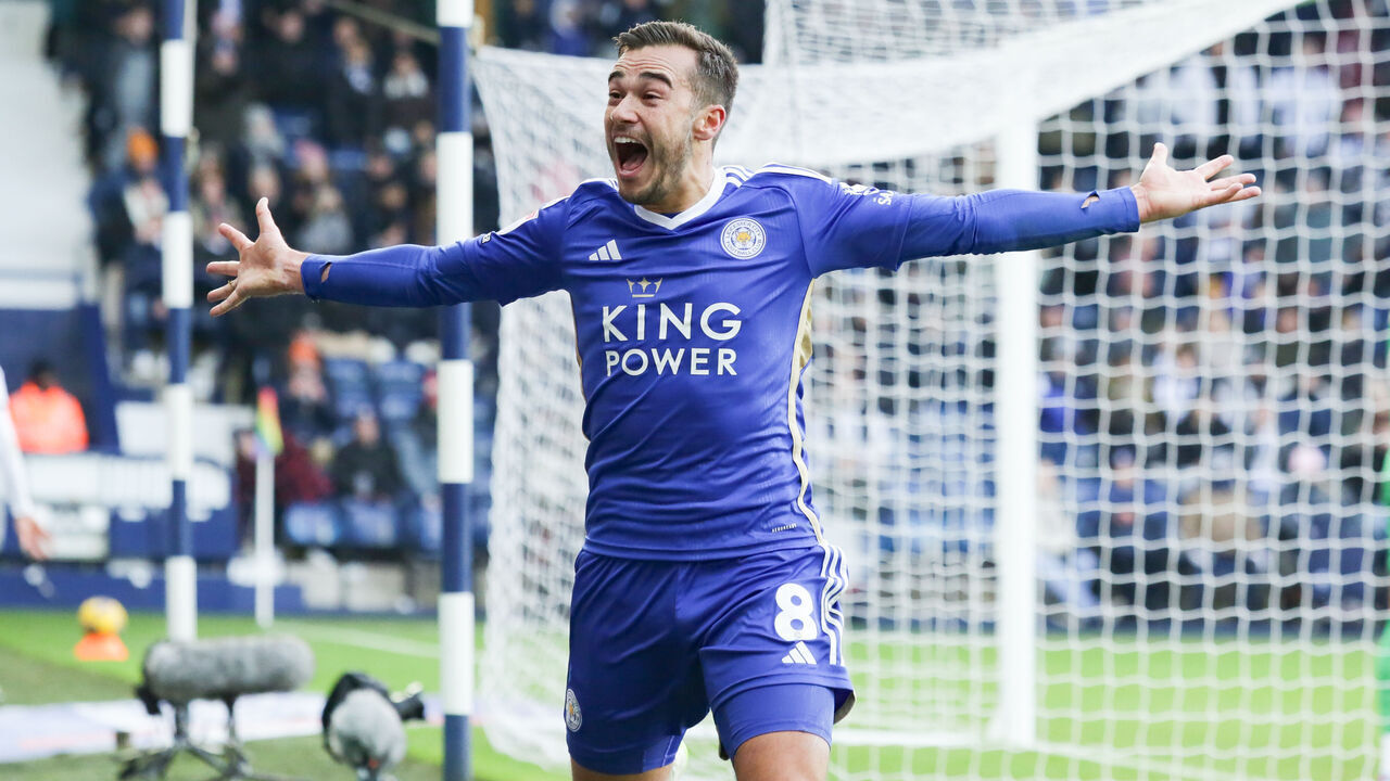 Harry Winks of Leicester City is celebrating after scoring his team's second goal during the Sky Bet Championship match between West Bromwich Albion and Leicester City at The Hawthorns in West Bromwich, on December 2, 2023.