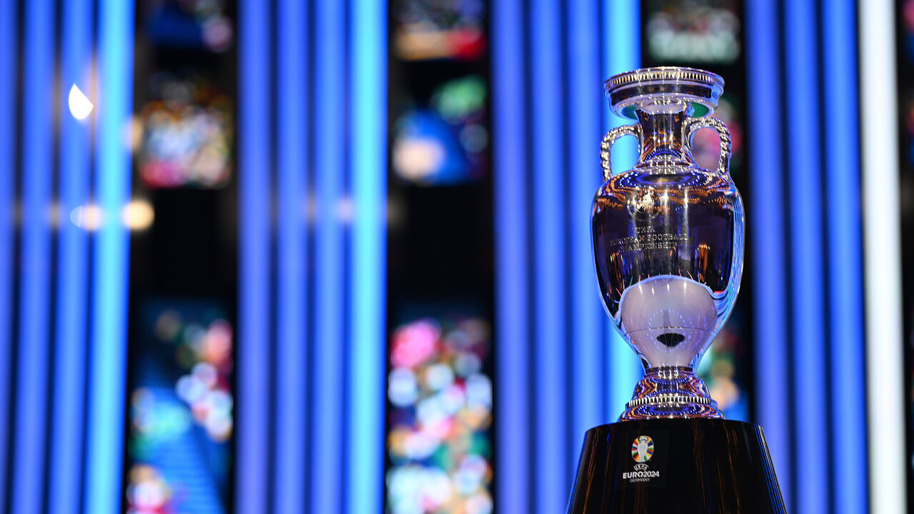 HAMBURG, GERMANY - DECEMBER 02: A detailed view of the UEFA EURO 2024 trophy during the UEFA EURO 2024 Final Tournament Draw at Elbphilharmonie on December 02, 2023 in Hamburg, Germany.