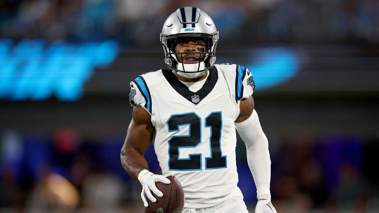 CHARLOTTE, NORTH CAROLINA - SEPTEMBER 18: Jeremy Chinn #21 of the Carolina Panthers reacts to a defensive stop against the New Orleans Saints during the first quarter in the game at Bank of America Stadium on September 18, 2023 in Charlotte, North Carolina.